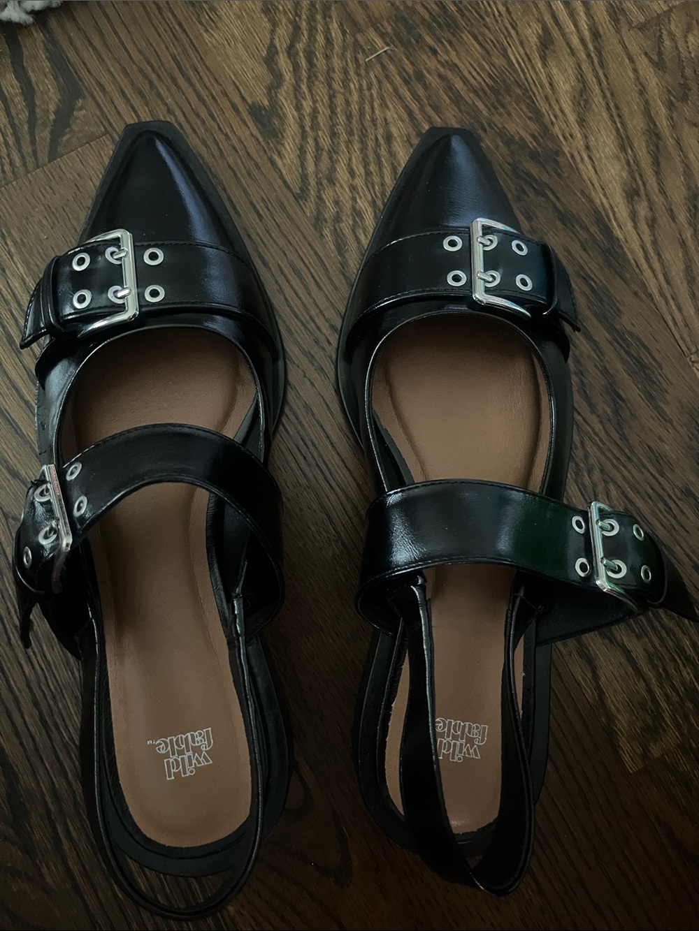Black Pointed Buckle Flats - Women's